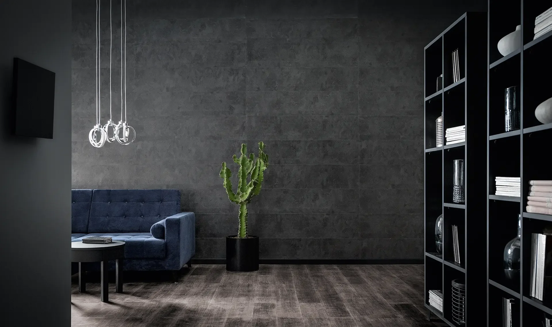 nowoczesny salon w ciemnych barwach